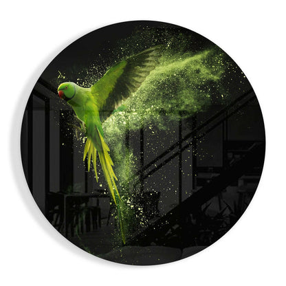Flying Parakeet glass wall art print in high-gloss tempered glass