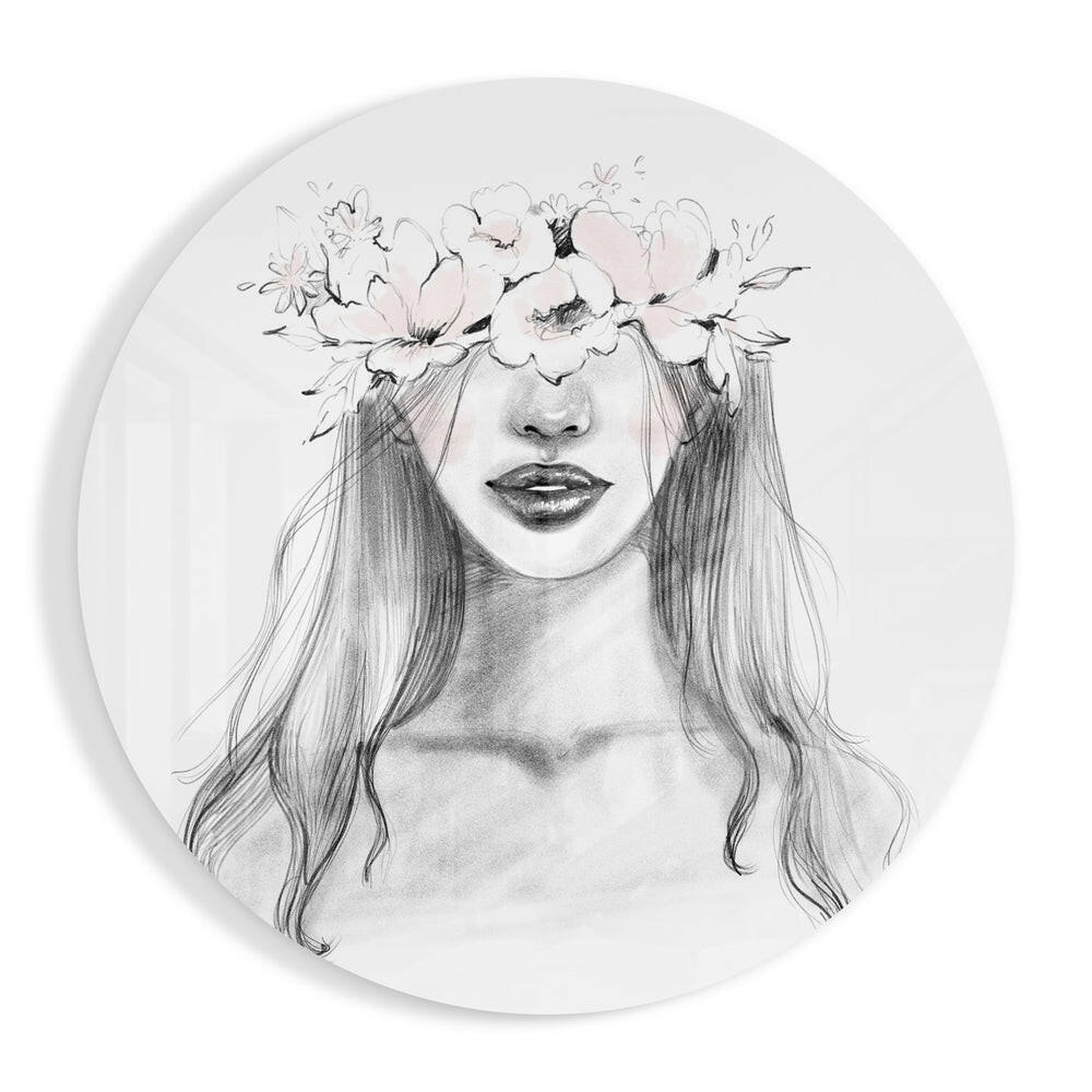 Floral crown woman sketch glass wall art