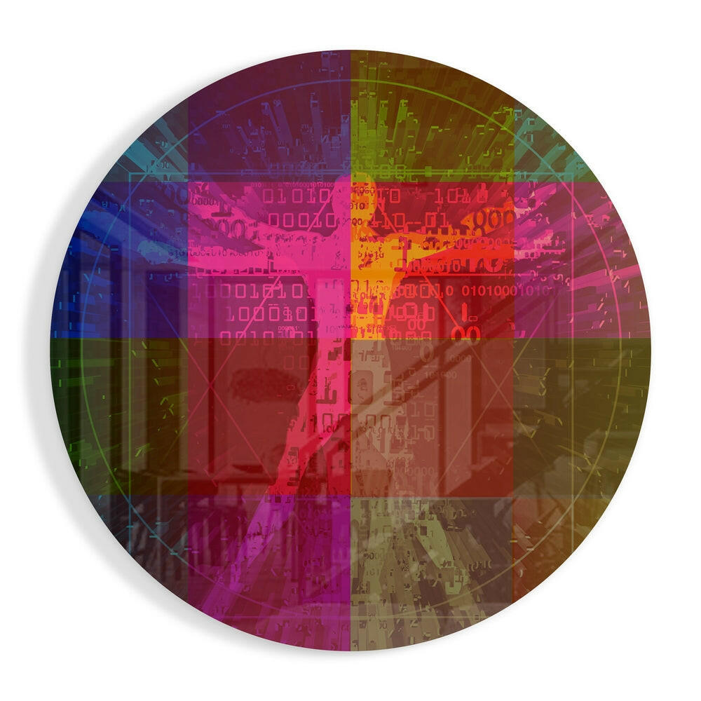 Da Vinci Vitruvian Man glass wall art with binary code overlay