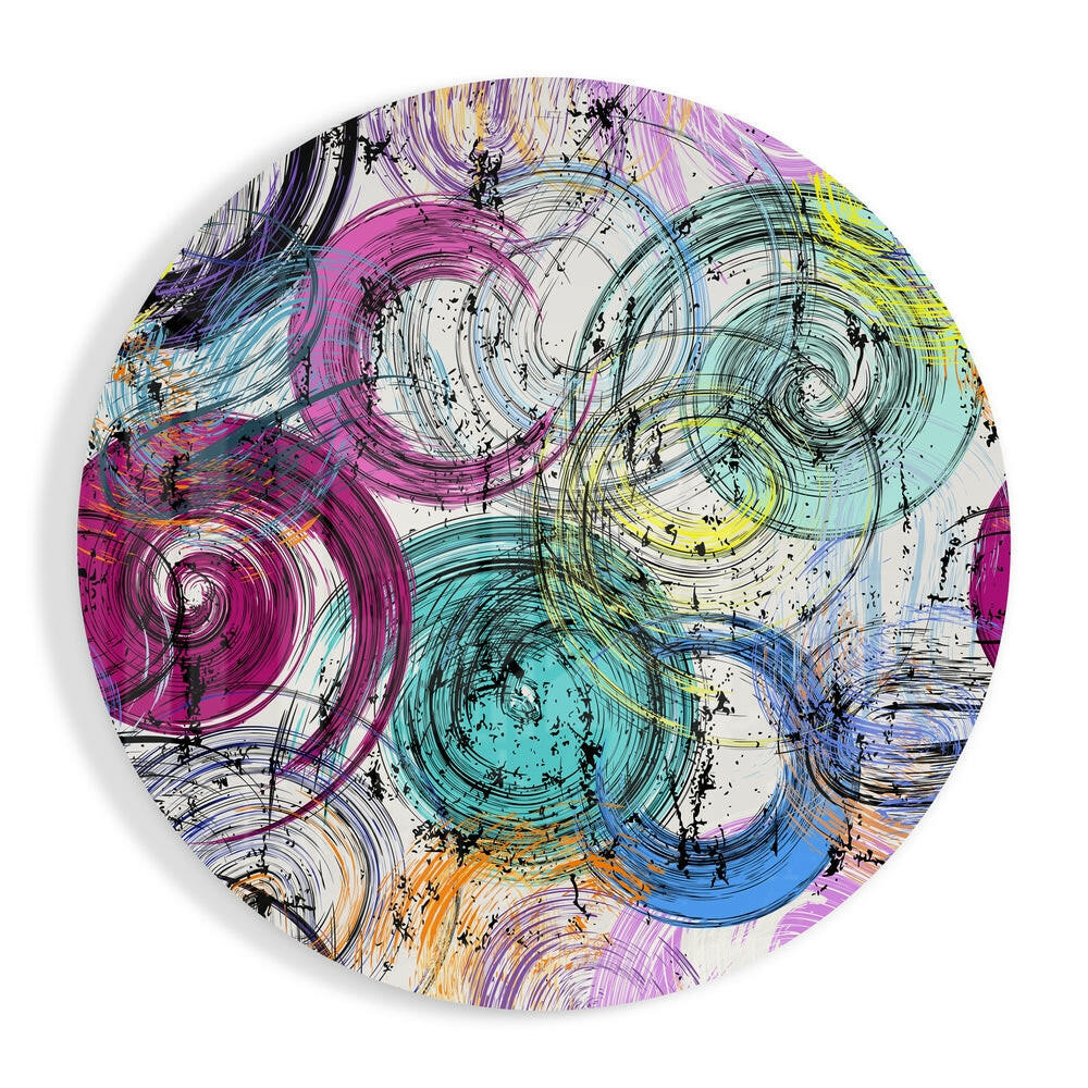 Pink and teal swirling ink circles glass wall art