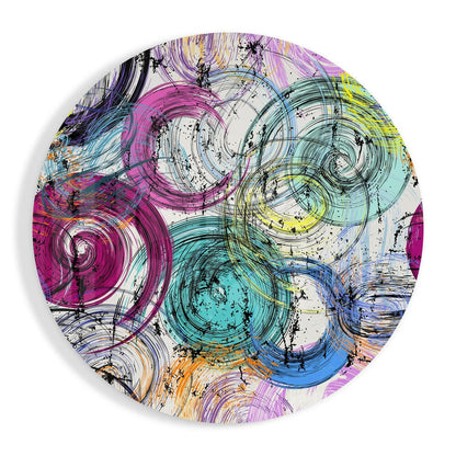 Pink and teal swirling ink circles glass wall art