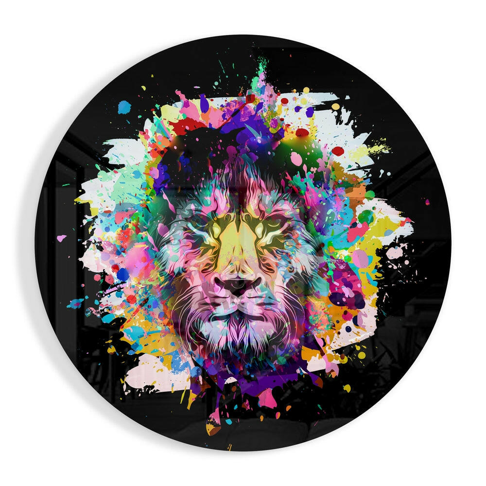 Colorful splash paint lion round glass wall art