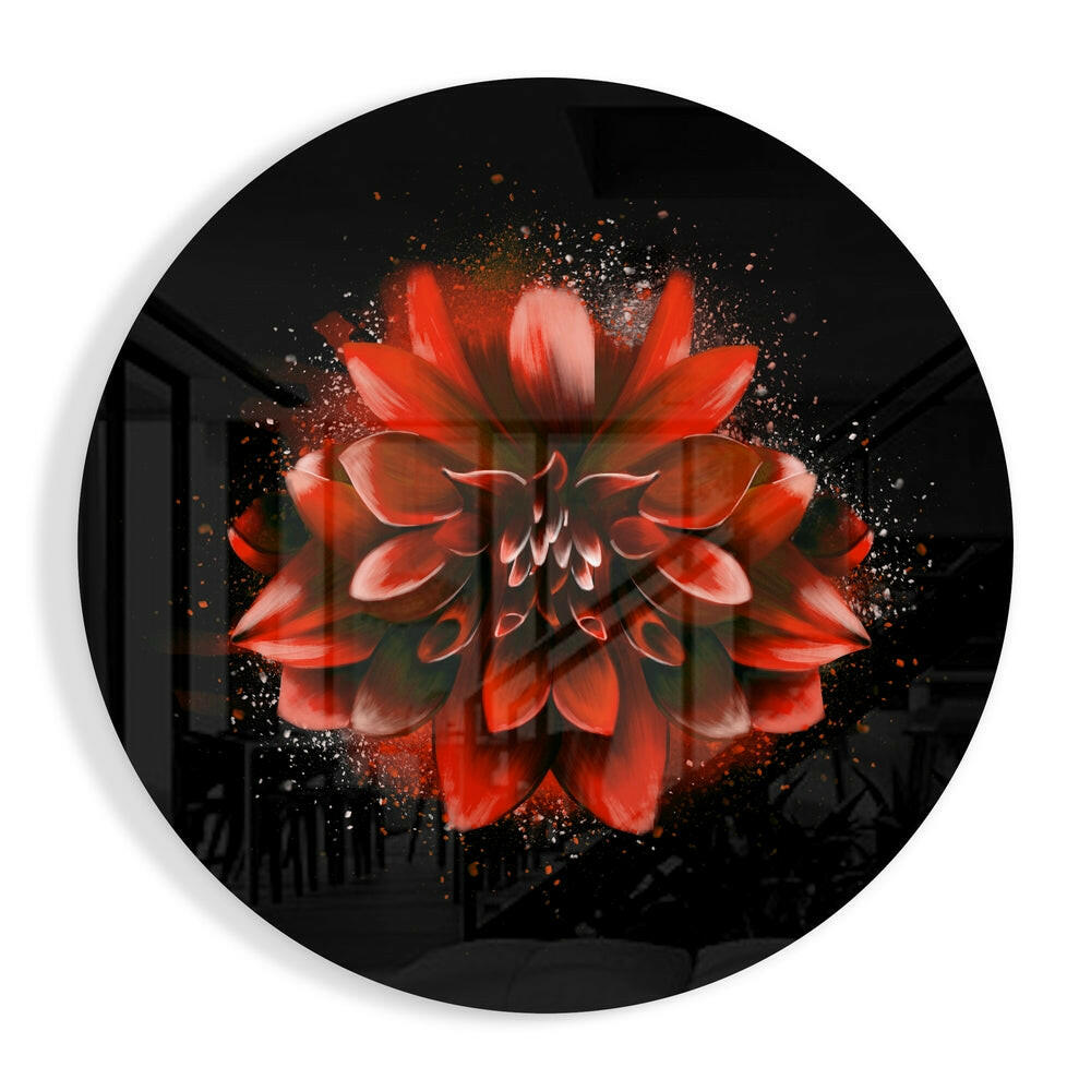 Red splatter dahlia glass wall art