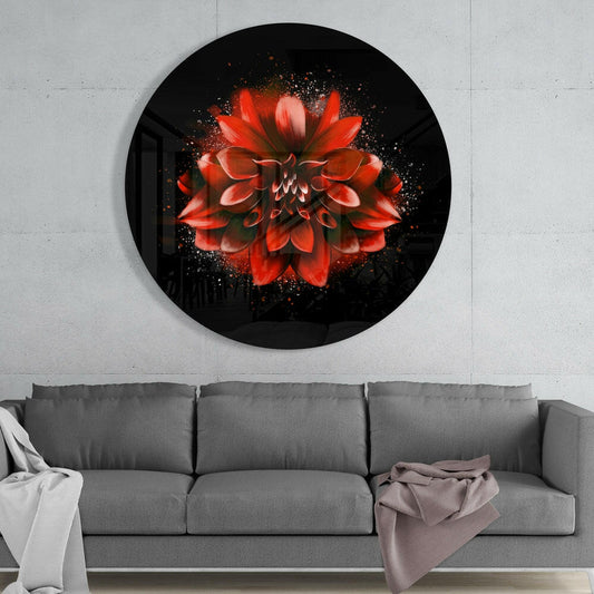 Red dahlia round glass wall art above a gray sofa with a draped blanket