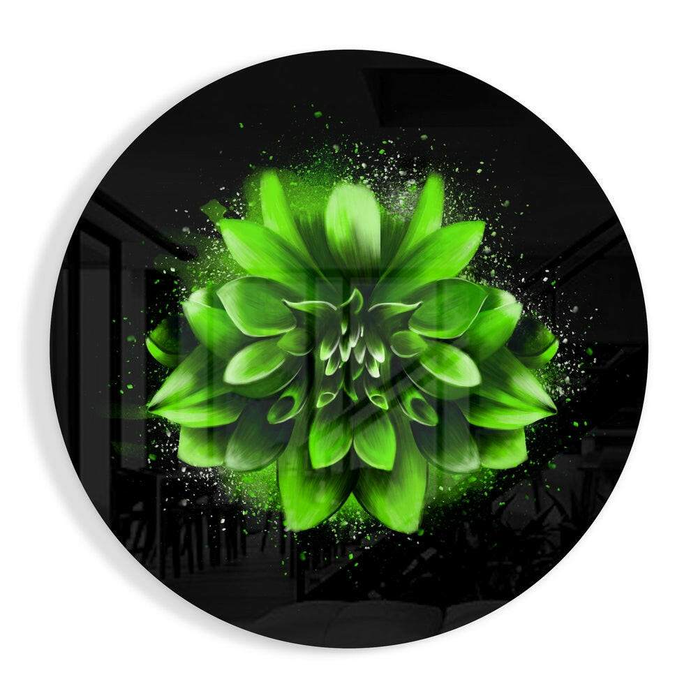 Green Splatter Dahlia glass wall art floral design