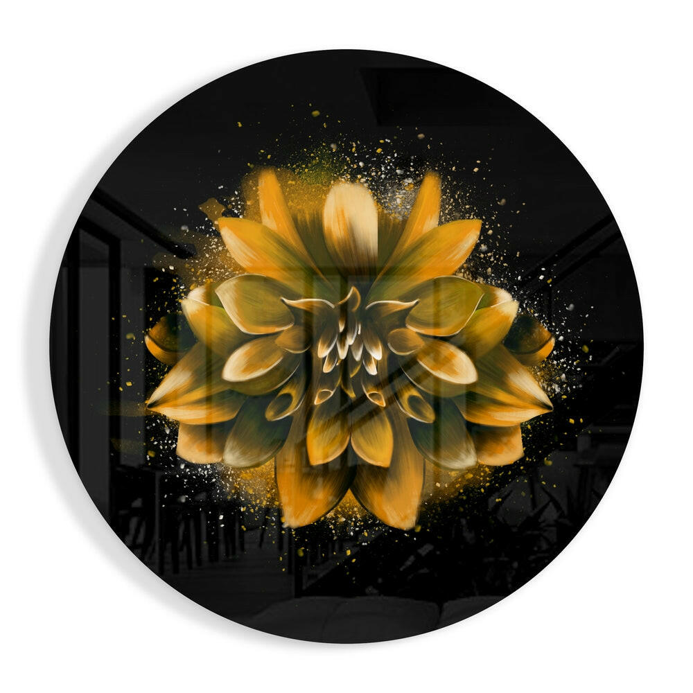 Golden Splatter Dahlia glass wall art floral gold design print