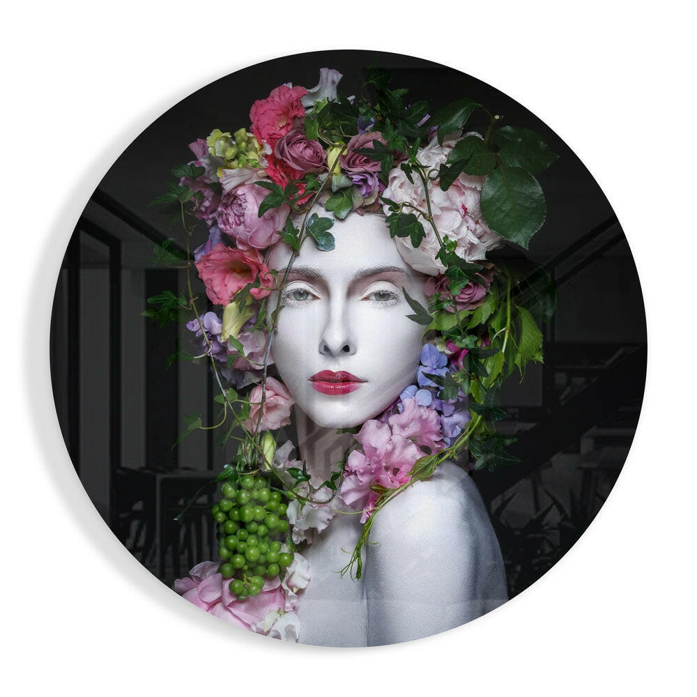 Rose headdress portrait glass wall art with soft romantic tone