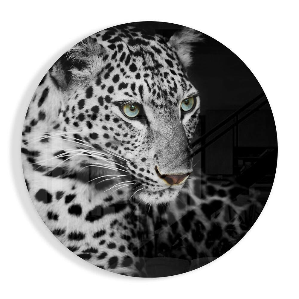 Green eyed leopard glass wall art wildlife portrait
