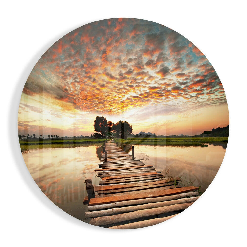 Rustic Log Bridge Rice Paddy landscape glass wall art