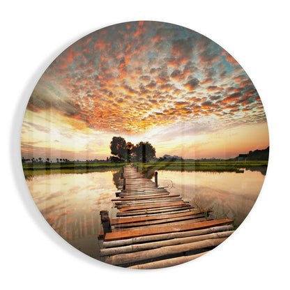 Rustic Log Bridge Rice Paddy landscape glass wall art