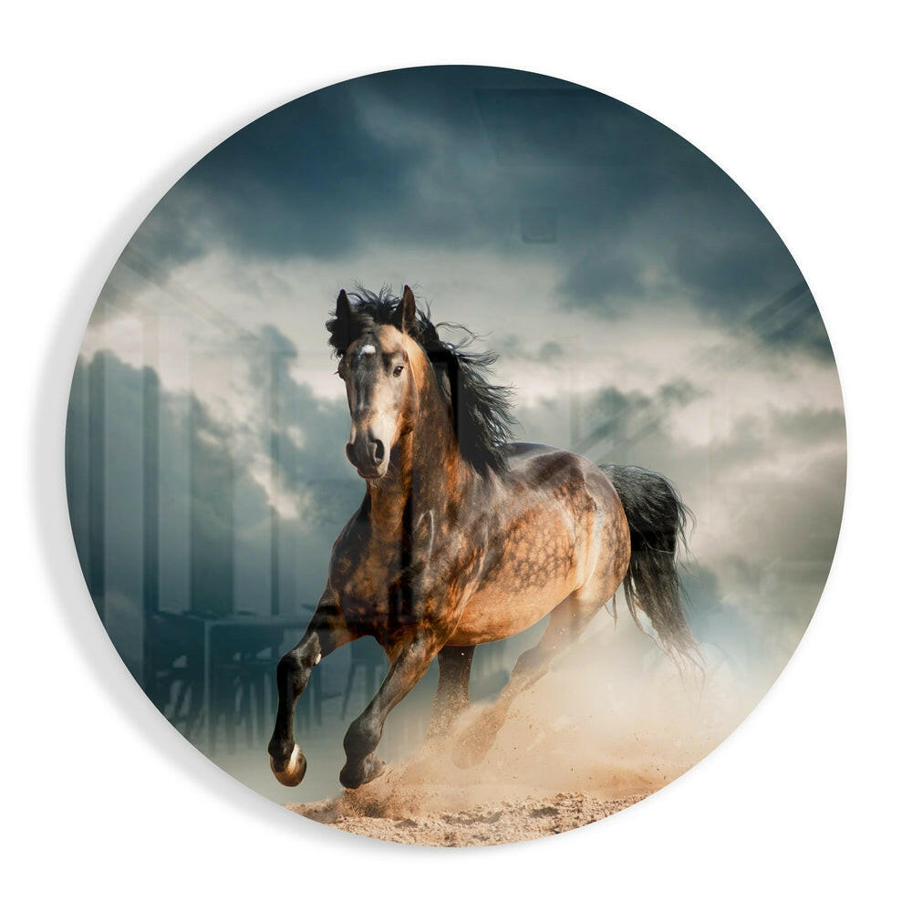 Galloping bay horse glass wall art