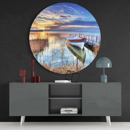 Lake Sunset Boat and Birds Glass Wall Art