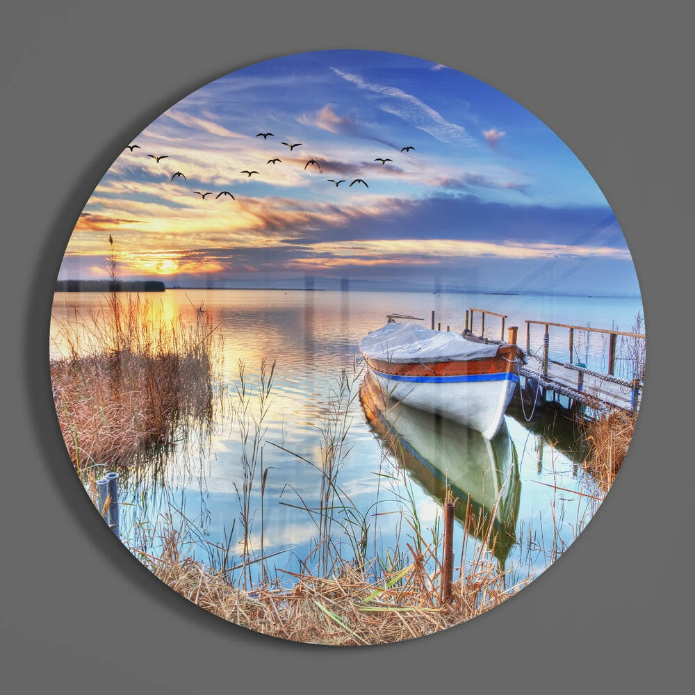 Lake Sunset Boat and Birds Glass Wall Art