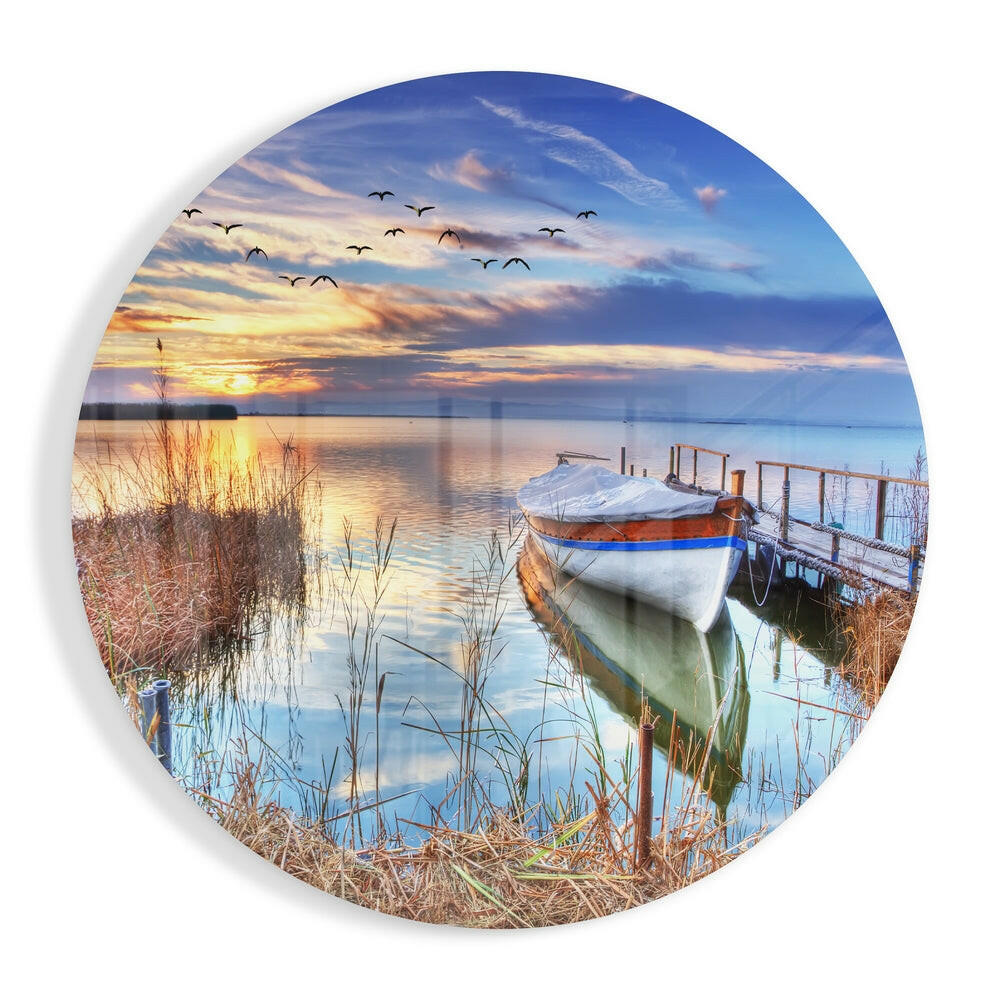 Lake sunset boat and birds glass wall art print
