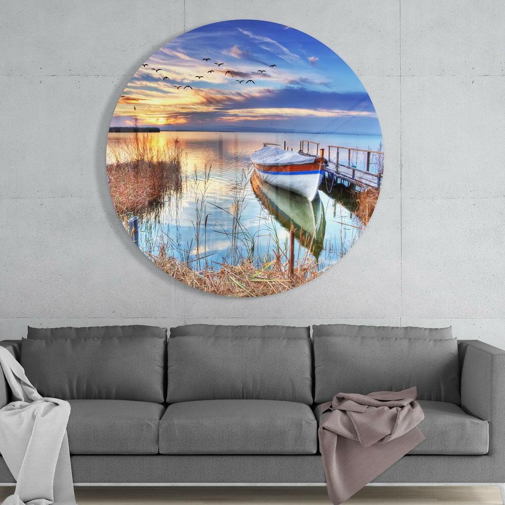 Lake Sunset Boat and Birds Glass Wall Art