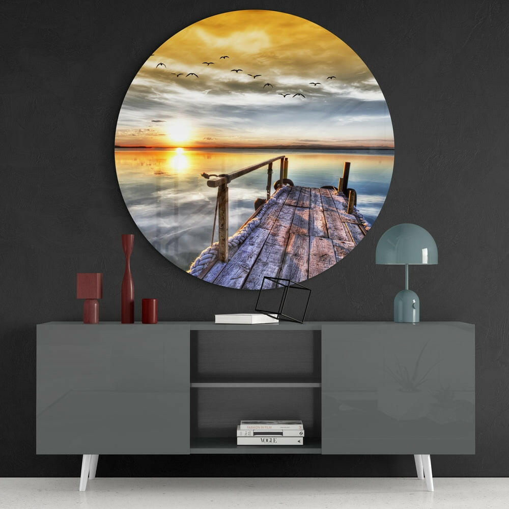 Golden Sunset Birds Dock Glass Wall Art