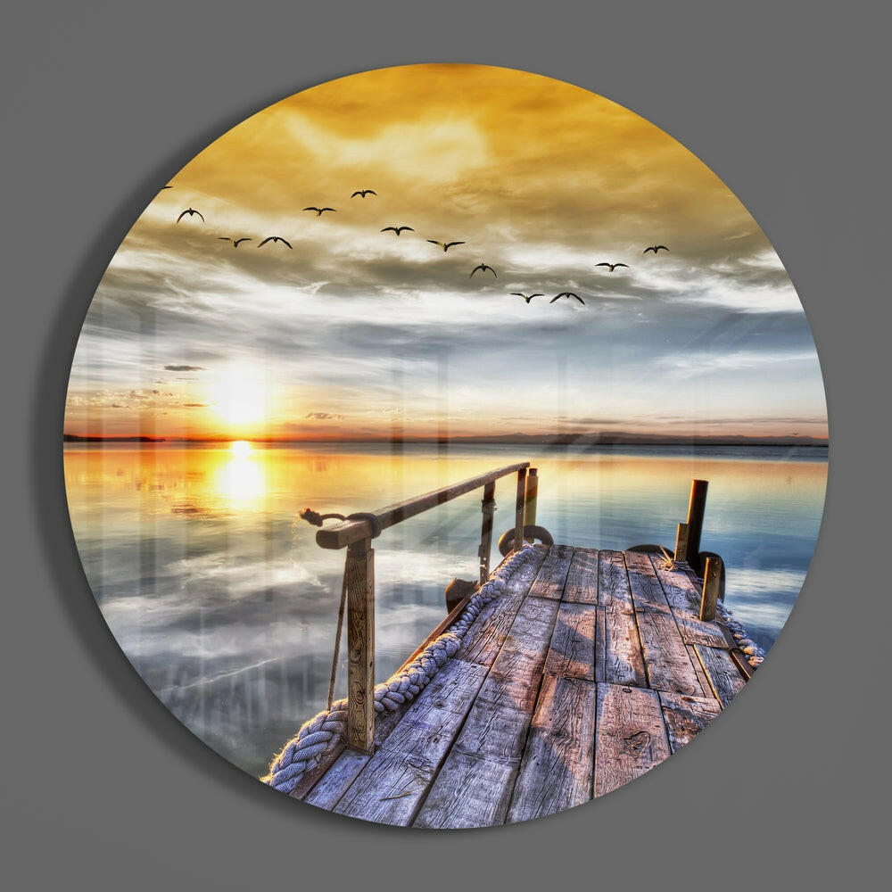Golden Sunset Birds Dock Glass Wall Art