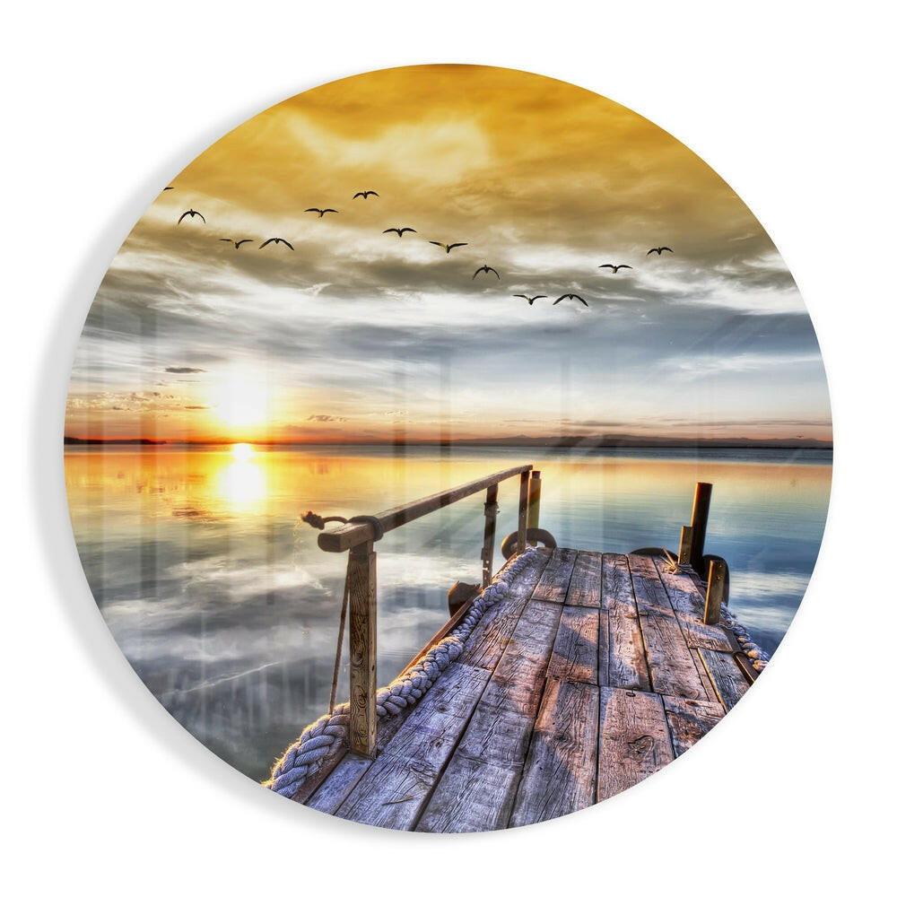 Golden Sunset Birds Dock glass wall art sunset lake scene print