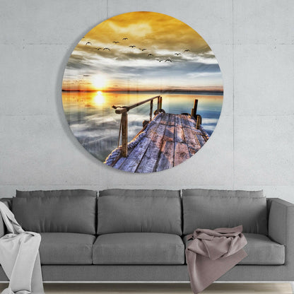 Golden Sunset Birds Dock Glass Wall Art