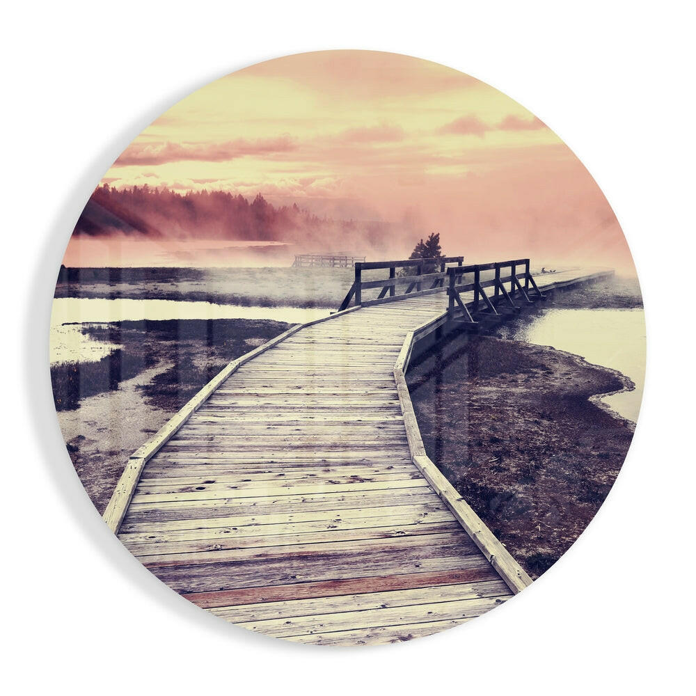 Misty pink boardwalk wetland glass wall art