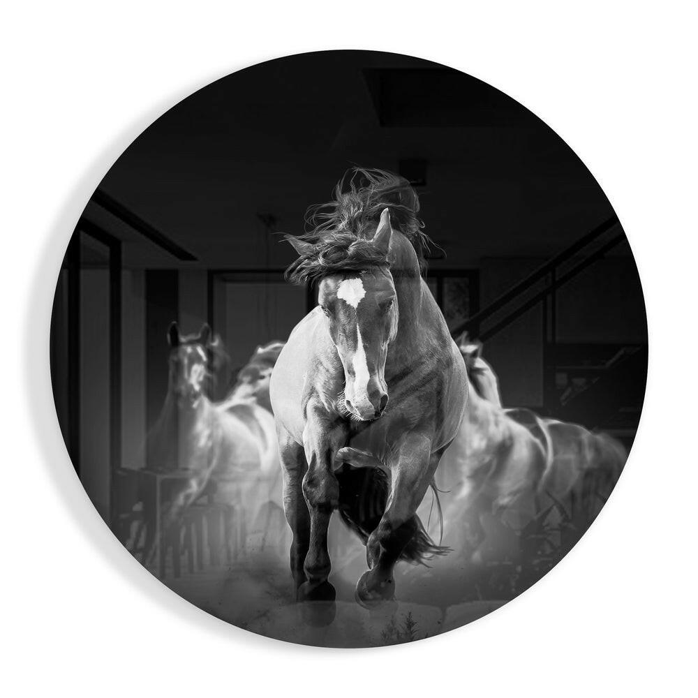 Charging horse glass wall art in bold black and white