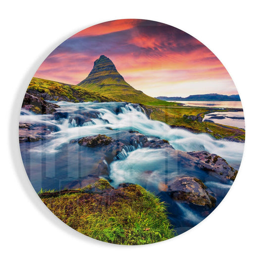 Misty mountain valley landscape on glass wall art