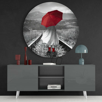 Red Umbrella Mountain Rails Glass Wall Art