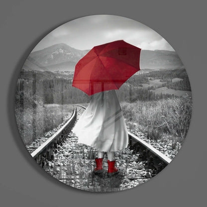 Red Umbrella Mountain Rails Glass Wall Art