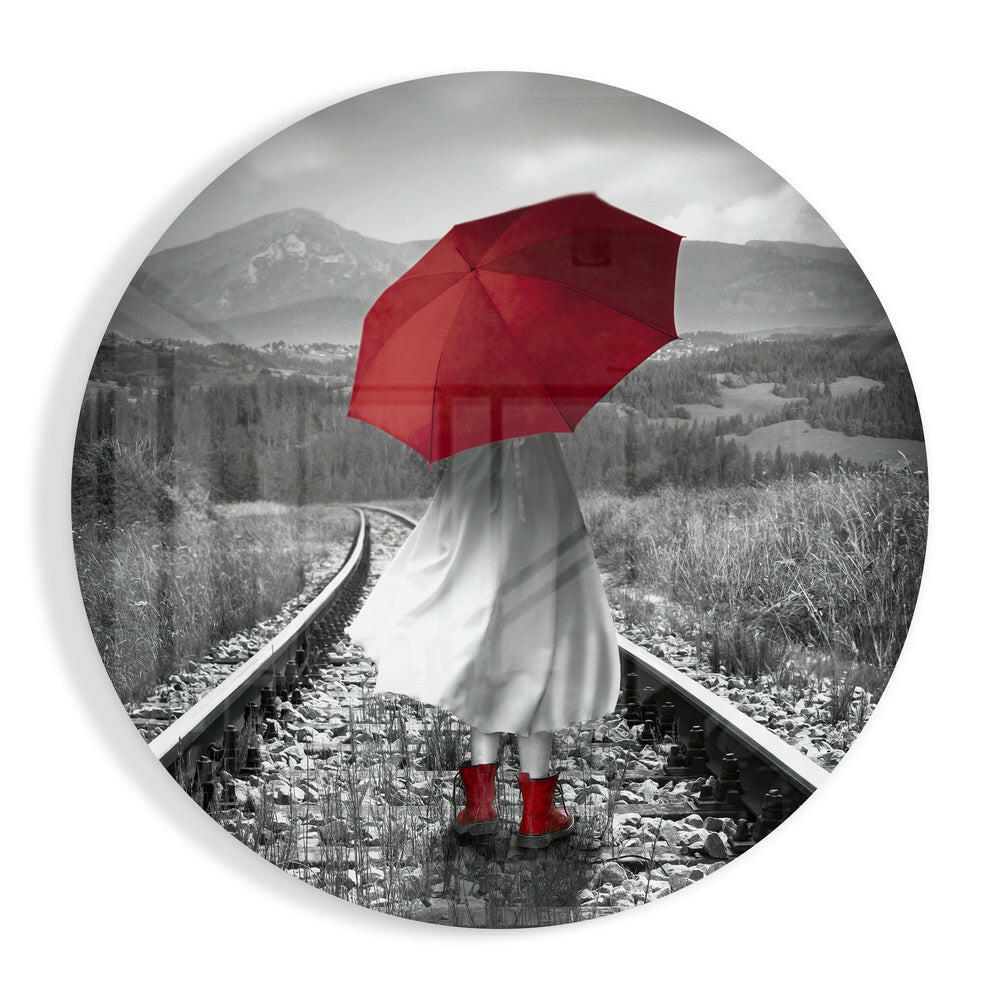 Red Umbrella Mountain Rails glass wall art print in high-gloss tempered glass