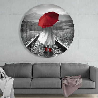 Red Umbrella Mountain Rails Glass Wall Art