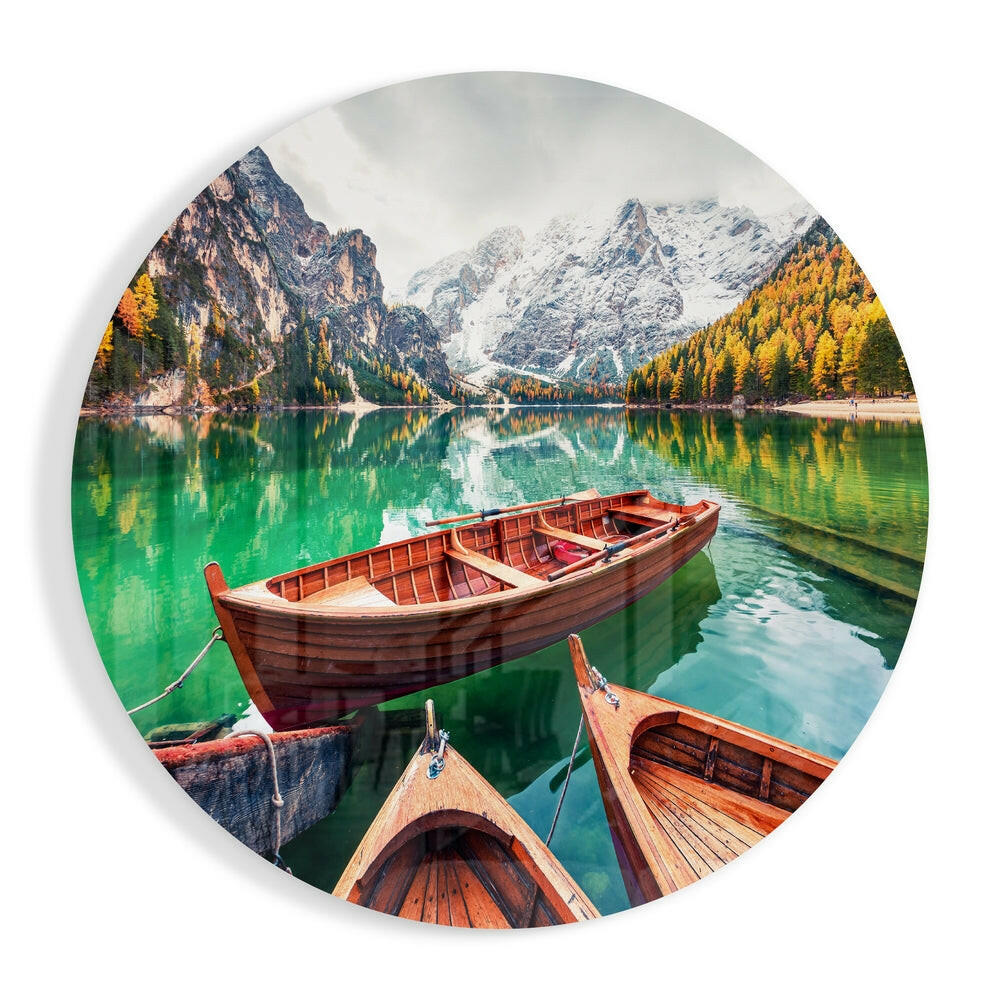 Wooden Boats Alpine Lake Glass Art