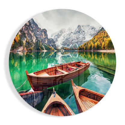 Wooden Boats Alpine Lake Glass Art