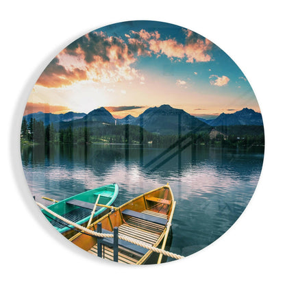 Teal rowboats mountain dusk glass wall art