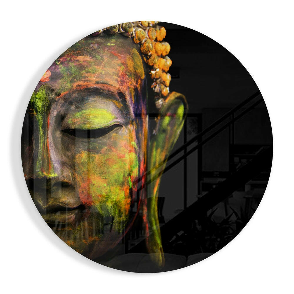 Round Buddha glass wall art in circular format