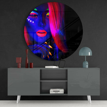 Red Hair Blue Face Glow Woman Glass Wall Art