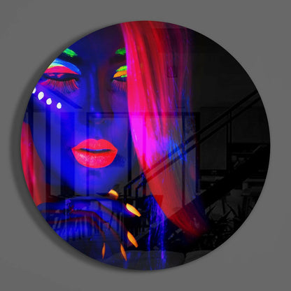 Red Hair Blue Face Glow Woman Glass Wall Art