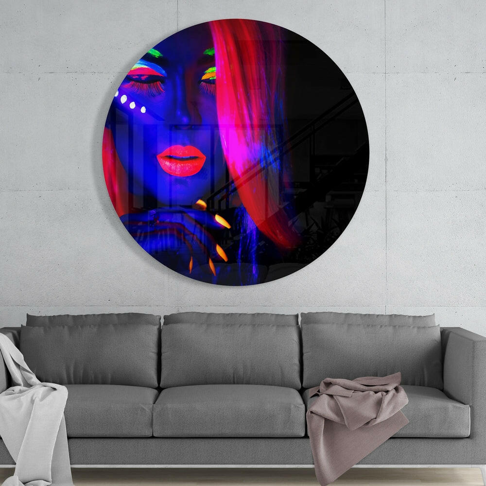 Red Hair Blue Face Glow Woman Glass Wall Art