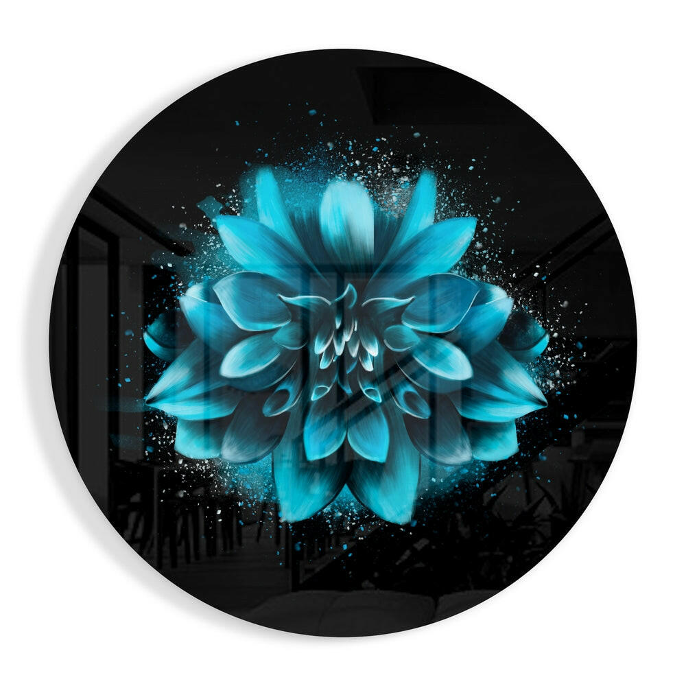 Turquoise glowing dahlia glass wall art