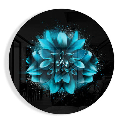 Turquoise glowing dahlia glass wall art