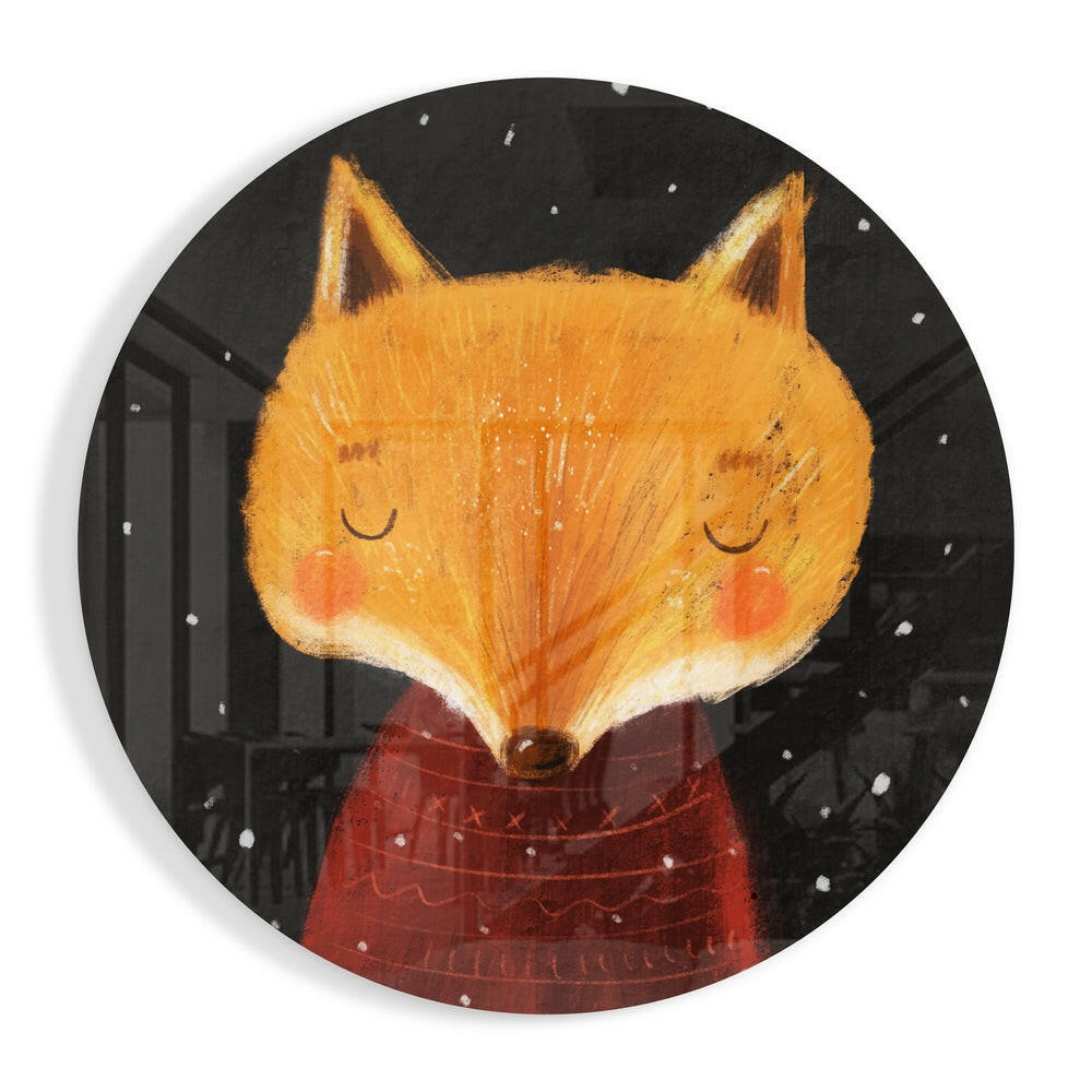 Sleepy fox in red sweater glass wall art