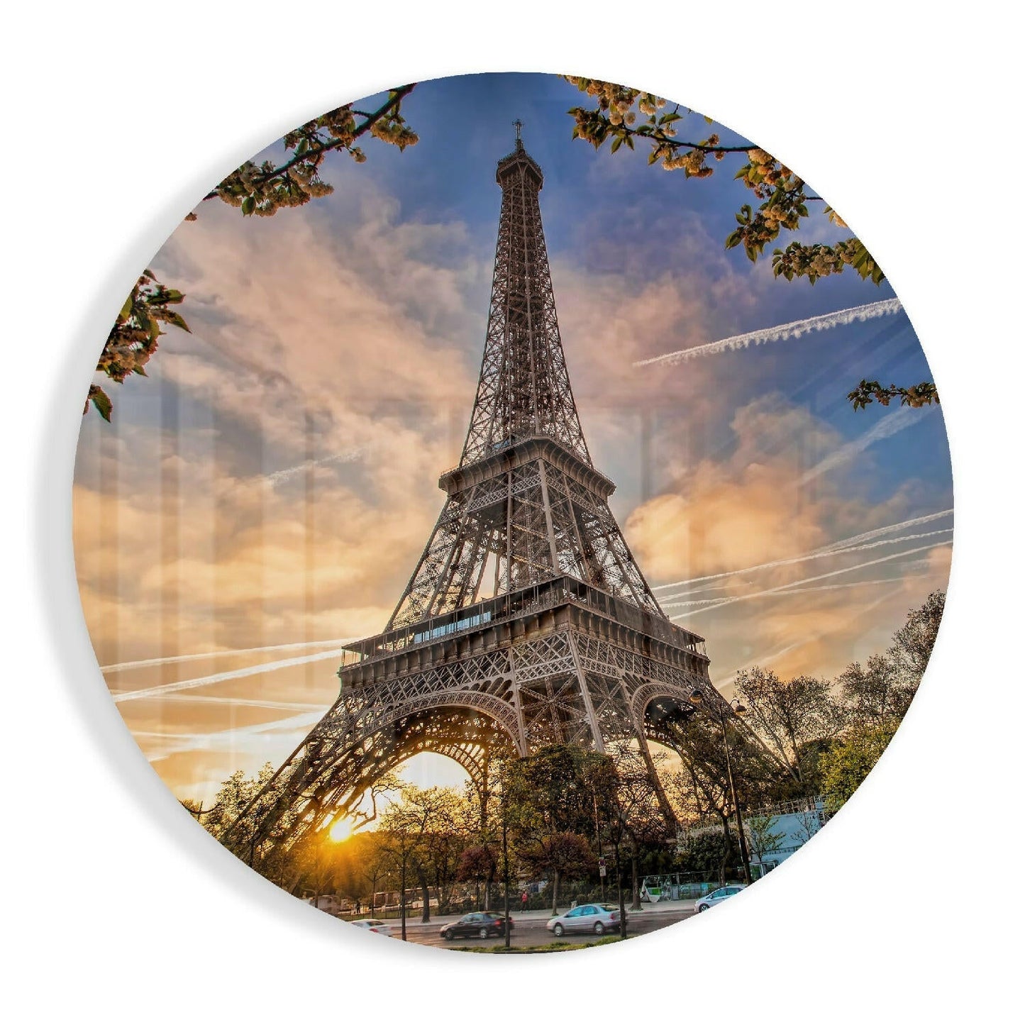 Eiffel Tower sunset glass wall art with golden Paris skyline