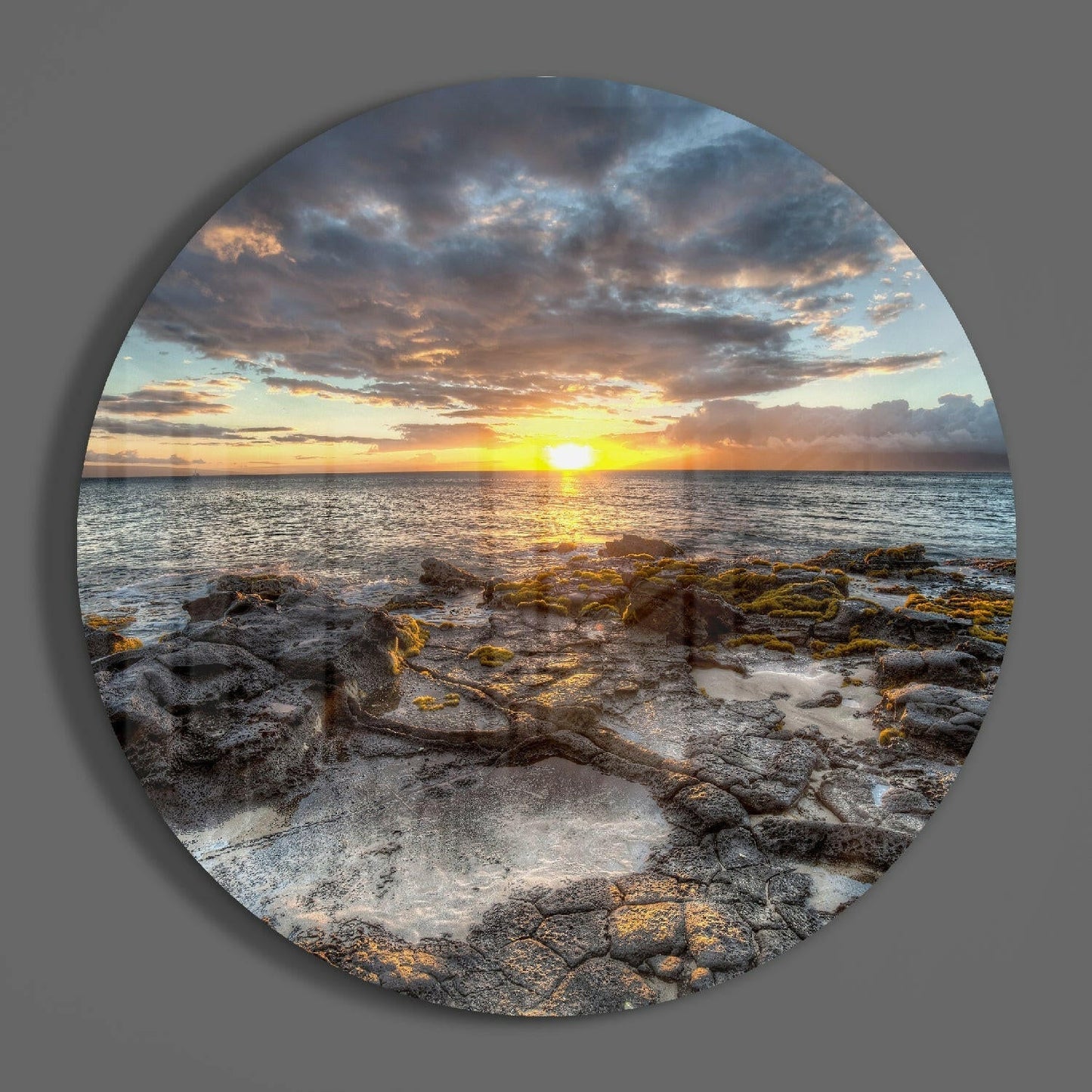 Sunset Over Mossy Rock Shore Glass Wall Art