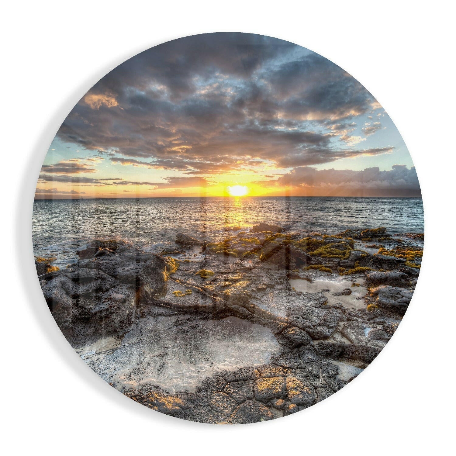 Sunset Over Mossy Rock Shore glass wall art print in high-gloss tempered glass