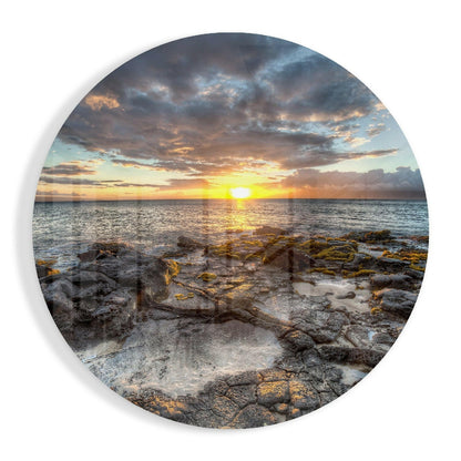 Sunset Over Mossy Rock Shore glass wall art print in high-gloss tempered glass