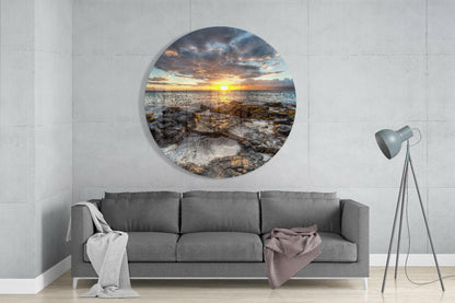 Sunset Over Mossy Rock Shore Glass Wall Art