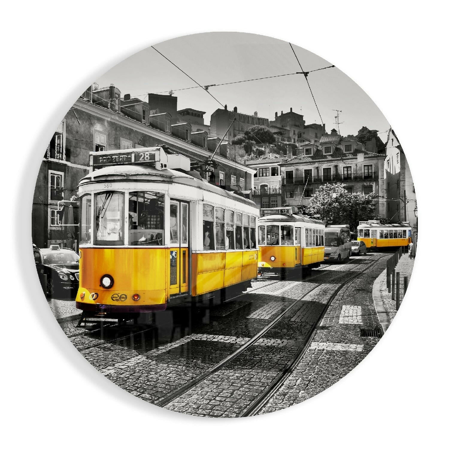 Vintage tram cityscape glass wall art print