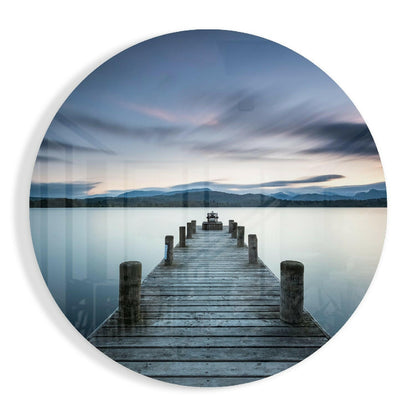 Misty mountain lake pier dusk glass wall art