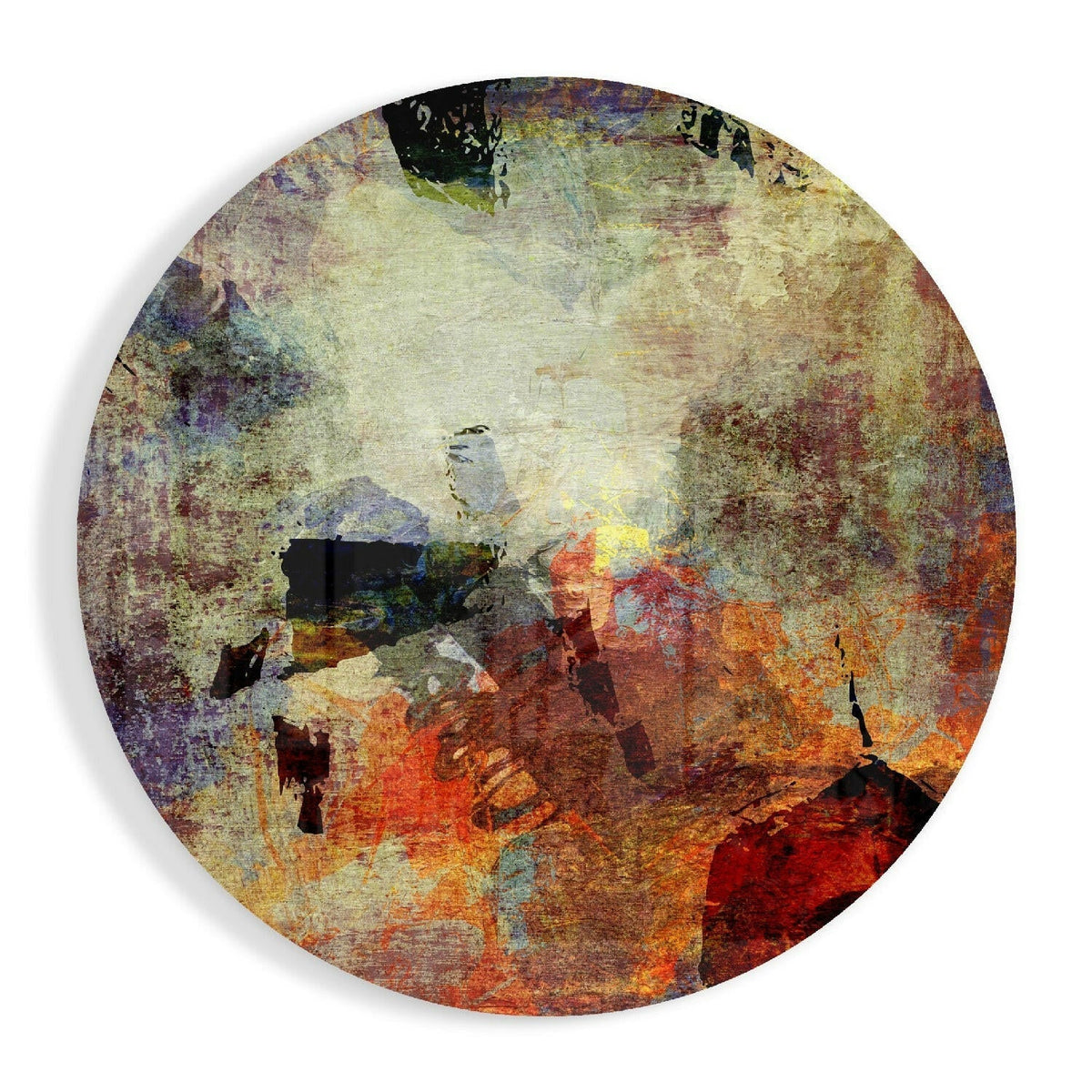 Round glass disc with layered rust, ochre, olive and plum abstract shapes and a worn grunge texture