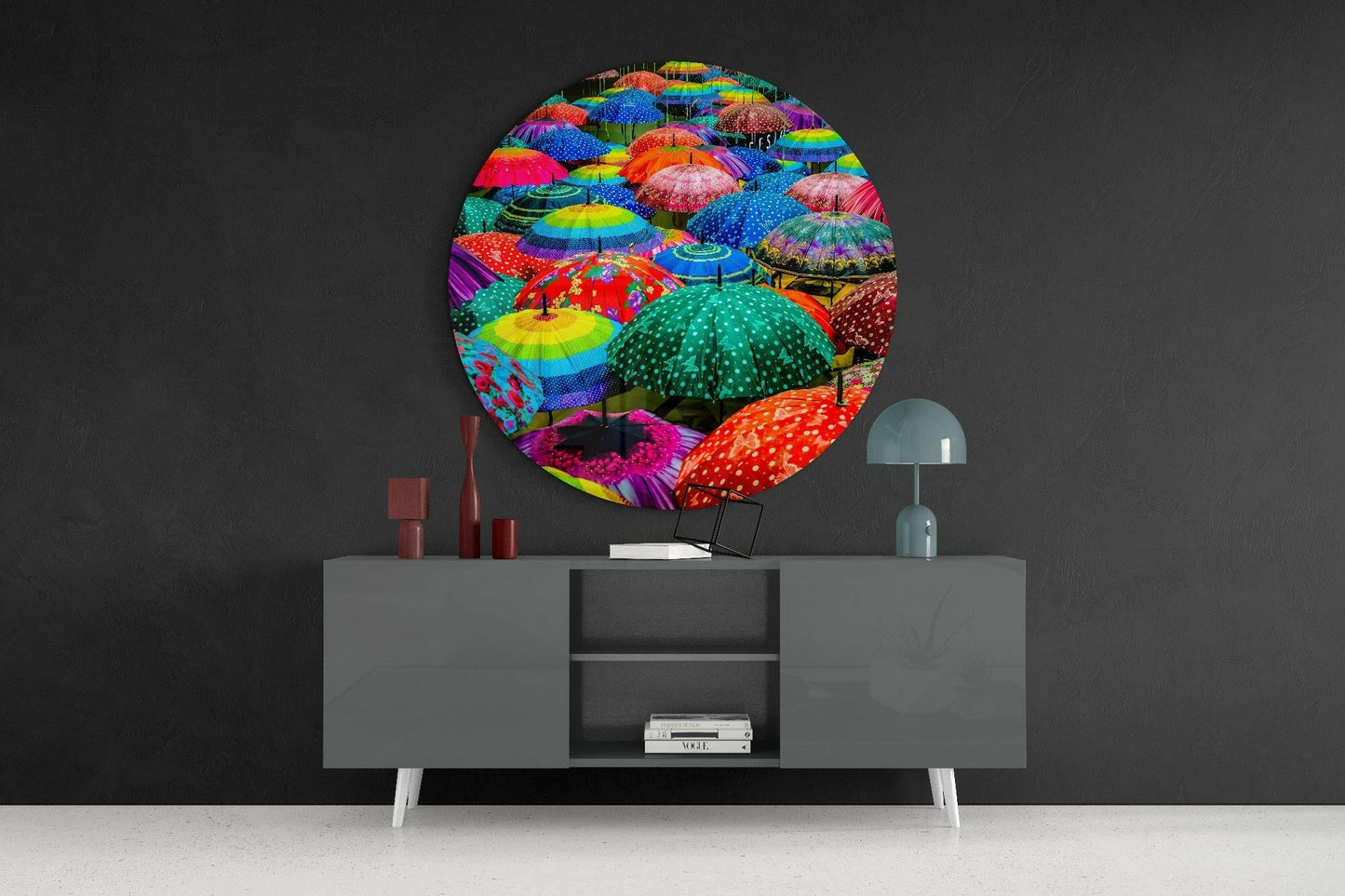 Polka Dot Rainbow Umbrellas Glass Wall Art