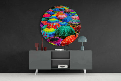 Polka Dot Rainbow Umbrellas Glass Wall Art